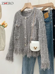 Fall Winter Korean Tassel Shiny Silk Single Breasted Temperament Short Cardigan Women's Sweater Coat Knit Tops Jacket Outwear