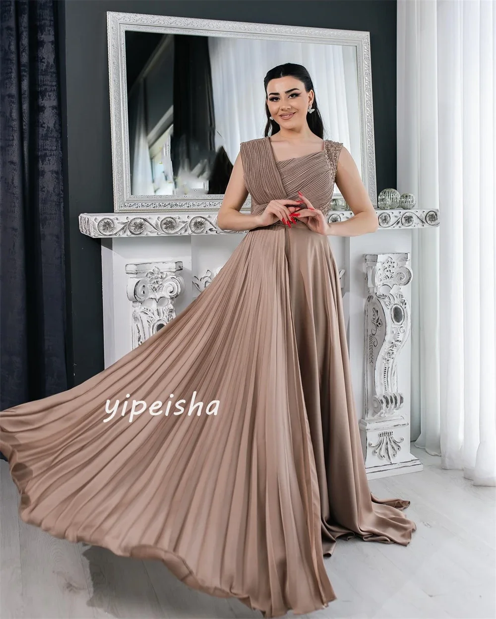 Customized Jersey Sequined Ruched Prom A-line Square Neck Bespoke Occasion Gown Long Dresses