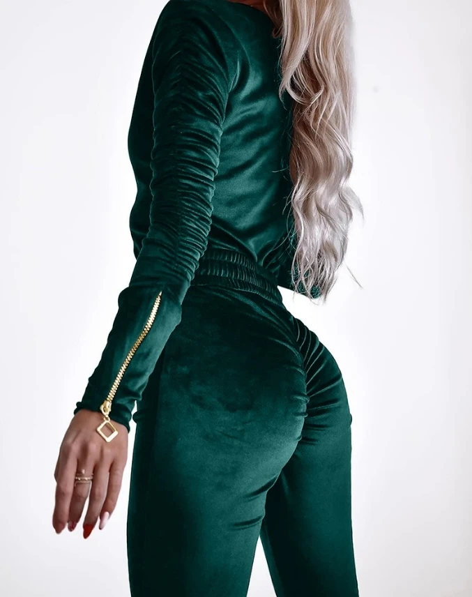 Jumpsuit Women 2024 Spring Fashion Zipper Design Ruched Long Sleeve Velvet Casual Skinny Long Jumpsuit with Elastic Waistbelt