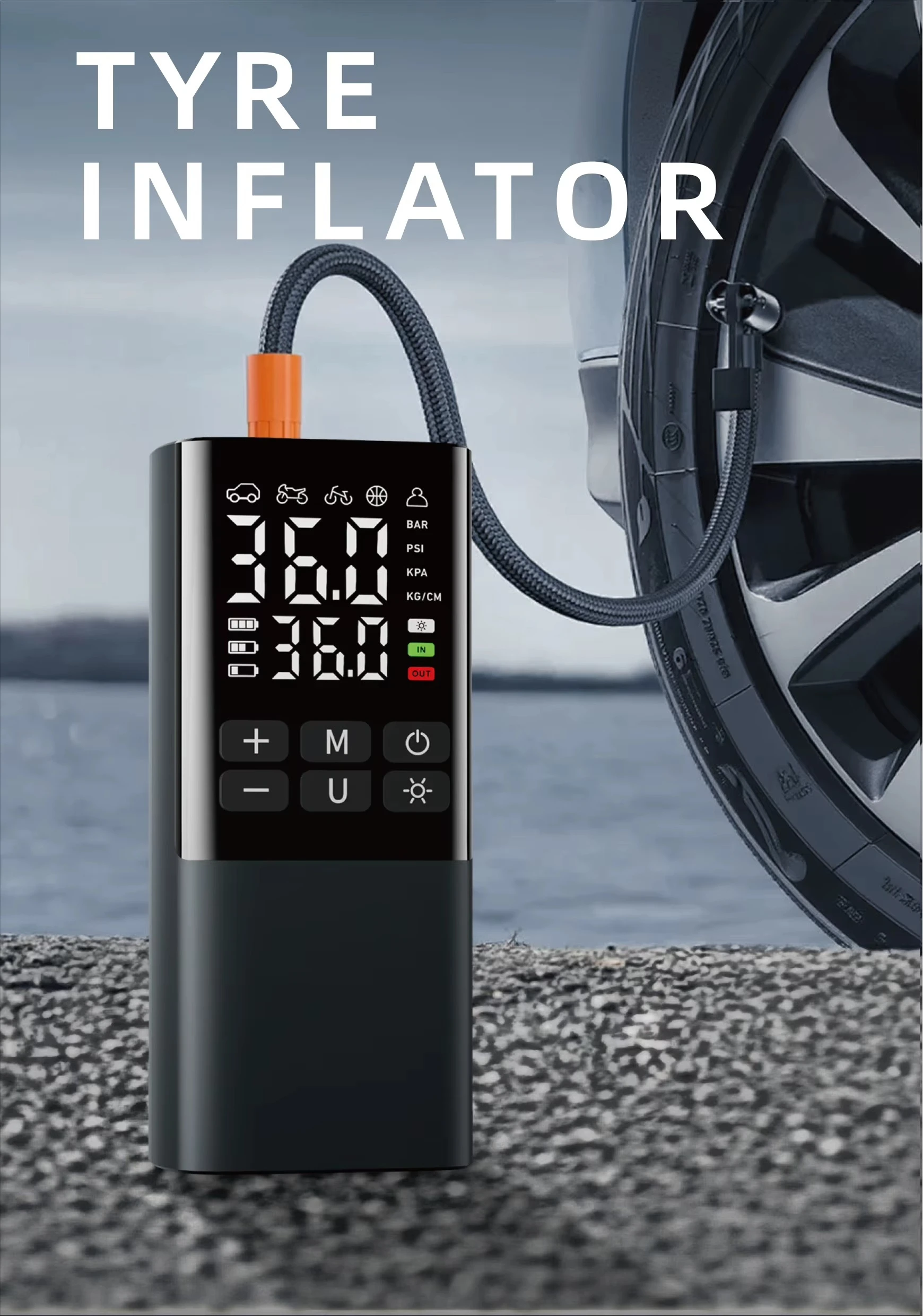 Wireless Car Air Compressor Tire Inflator with ABS Material LED Light Digital Pressure Gauge Low Noise & Tire Pressure