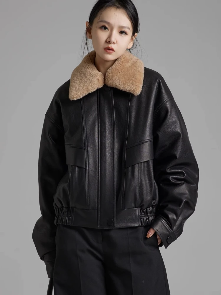 클래식 짧은 정품 가죽 겨울 폭격기 재킷 여성 하이 엔드 럭셔리 이동식 메리노 모피 칼라 버블 진짜 양피 코트