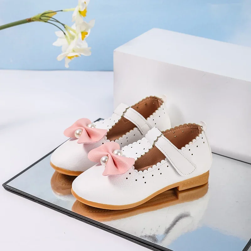 

Spring Autumn Girls New Flats Wedding Party Princess Pearl Children's Ballet Shoes Fashion Bowknot Kids T-strap Leather Shoes