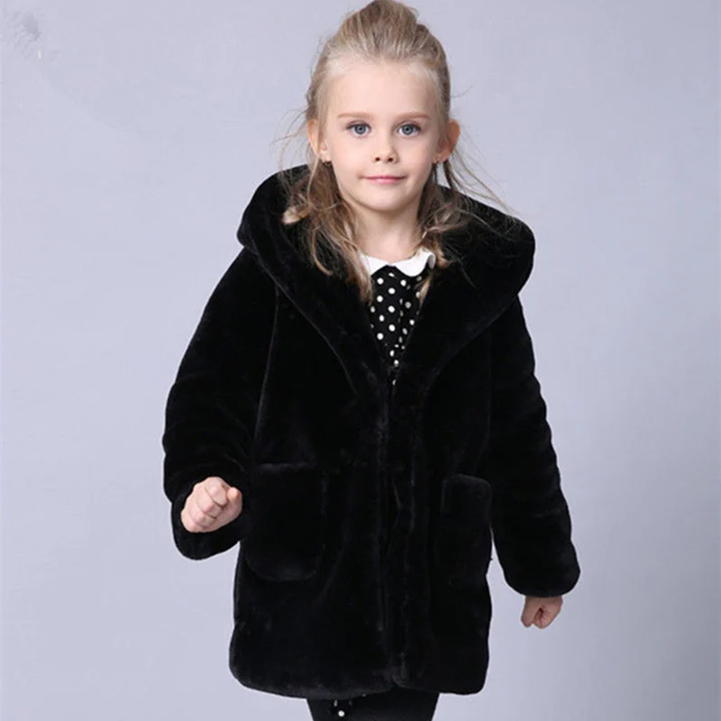 Girls Fur Coat Jacket Cotton Outwear Overcoat 2022 Black Warm Thicken Plus Velvet Winter Autumn Teenager Fuzzy Children\'s Clothi