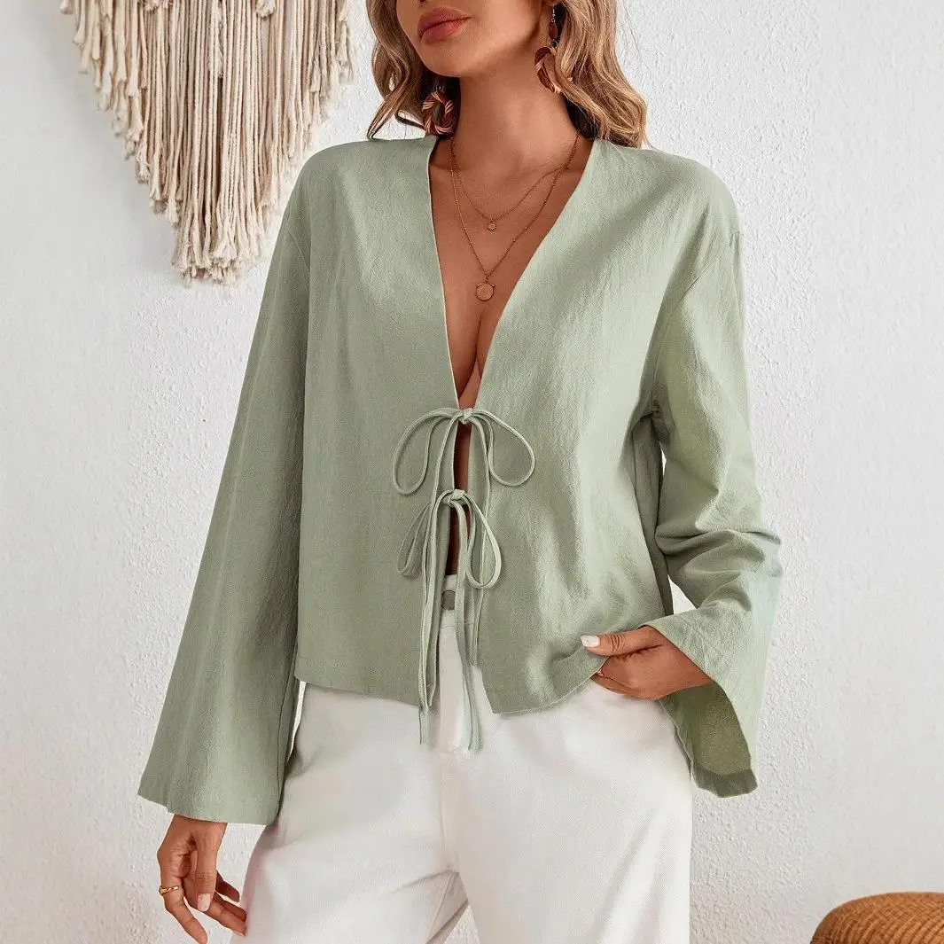 

Women's Lace-Up Long Sleeve Shirt Hollow out Artistic Style Polyester Fiber Bell Sleeve Fashionable Women's Clothing