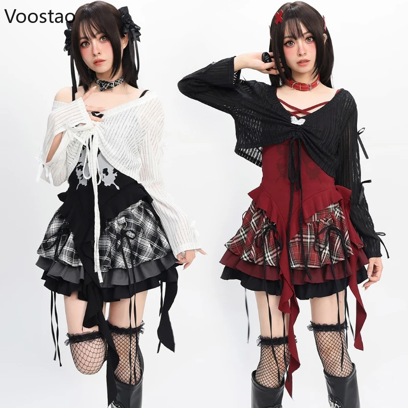 

Gothic Y2k Subculture Lolita Style 3 Piece Set Women Streetwear Dark Punk Print Vest Tops Plaid Mini Skirt Female Vintage Outfit