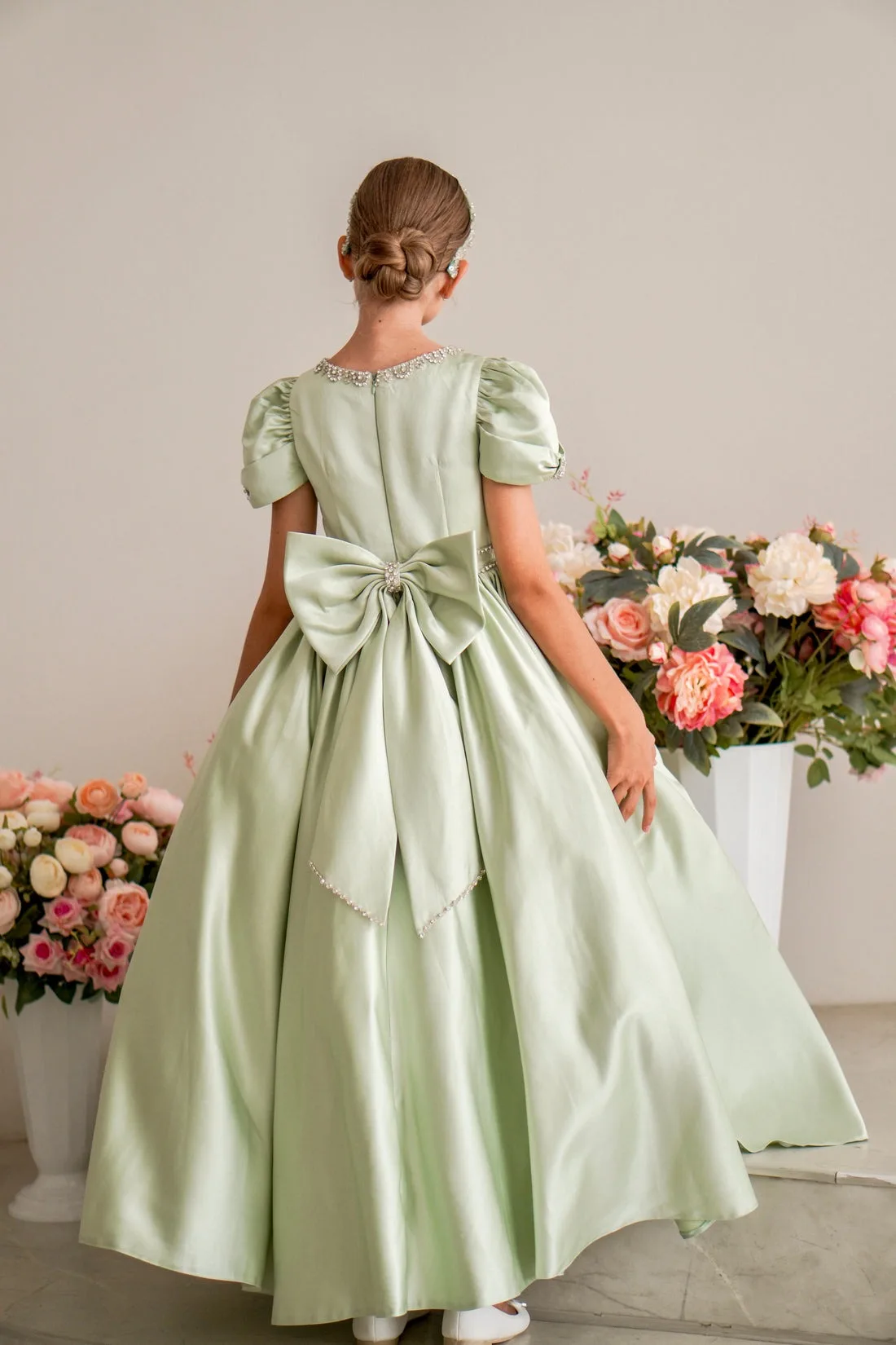 Mint Green Satin Diamond Flower Girl Dress Elegant Pearl Rhinestone Trailing A-Line Princess Dress Girls Communion Party Dress