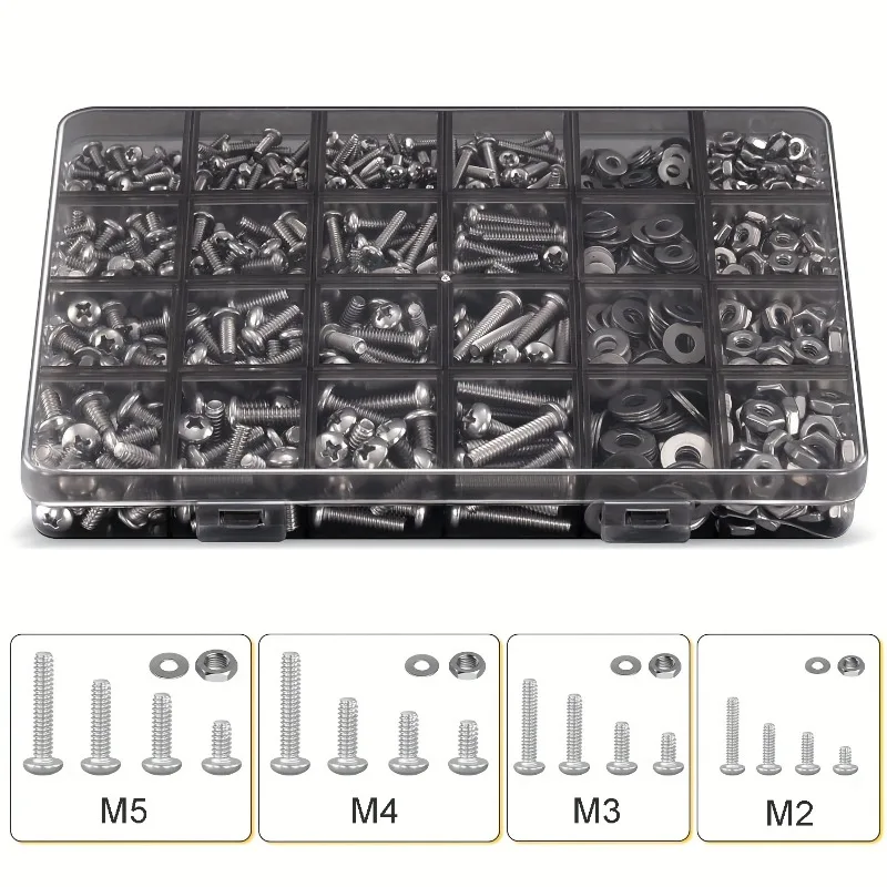 710pcs Stainless Steel Nuts and Bolts Kit with Flat Washers Phillips Pan Head Round Head Machine Screws Hexagonal Nut Screw Set