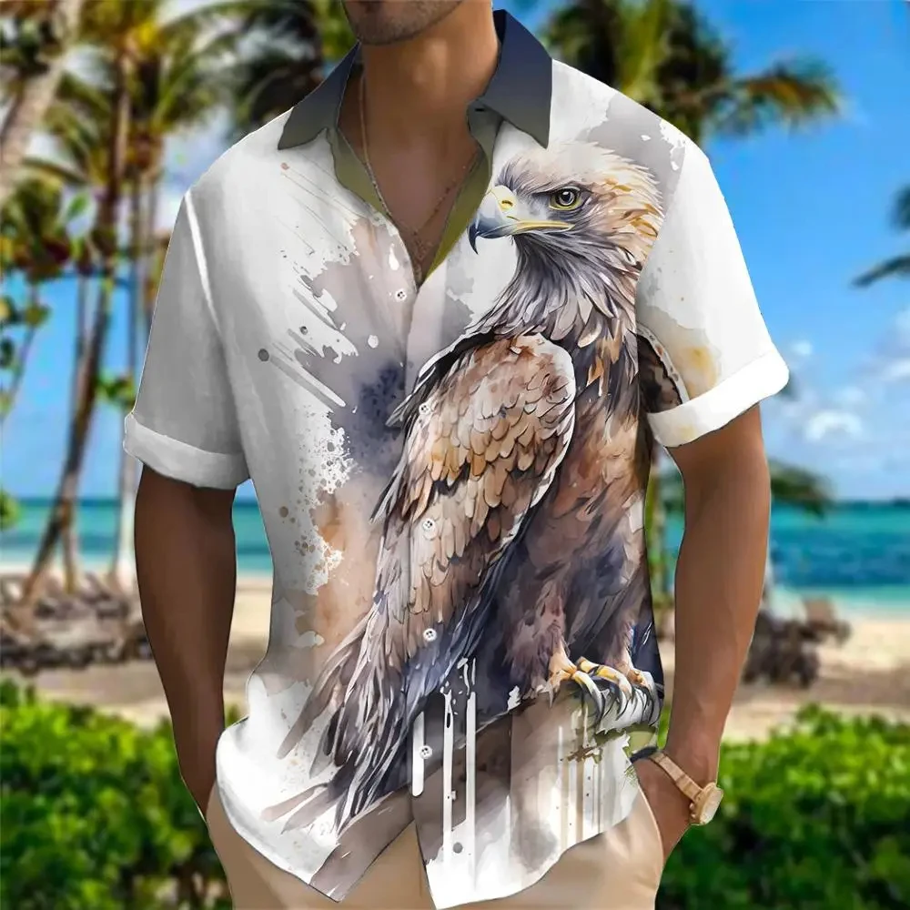 2024 Men\'s 3D Lion Tiger Bear Eagle Print Short-Sleeved Shirts For Men\'s Hawaiian Shirts