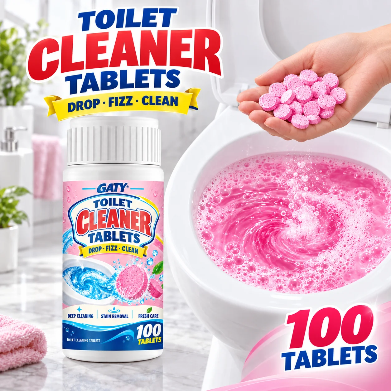 Toilet Bowl Cleaner Effervescent Tablets — Instant; Dissolves Urine Stains & Scale; Whitens & Deodorizes; for Bowl, Rim & Drain.
