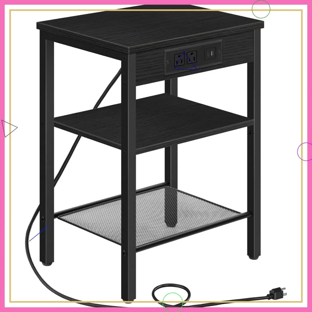 

Компактный приставной столик с зарядной станцией, регулируемыми полками для гостиной, спальни, черный