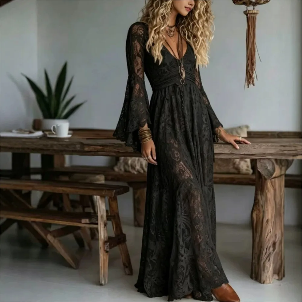 Lace High-waisted Dress Fit Elegant Fashionable Sexy Simple Long-sleeved V-neck Autumn Winter With Relaxed Style Long Dresses