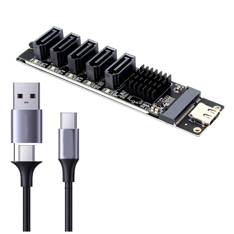 FULL-TYPE-C To 5 Port SATA3.0 Adapter Card Riser Card JM575+JMS580 SATA3 6Gbps USB10G Chassis Server PC Computer Expansion