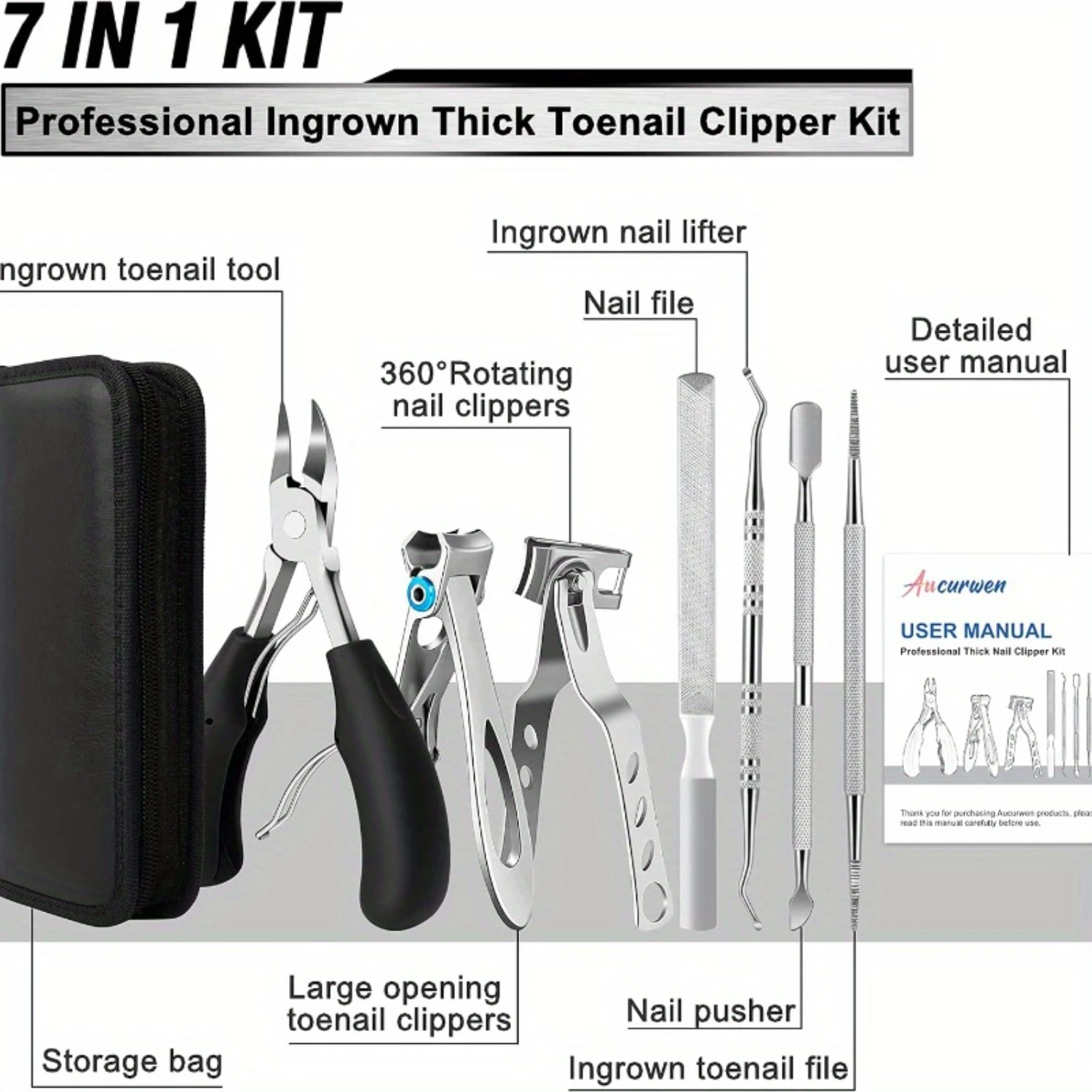 7-Piece Heavy-Duty Toenail Clippers Set for Thick Nails, Ingrown Toenail Treatment Kit with Non-Slip Handle, ° Rotating Clipper