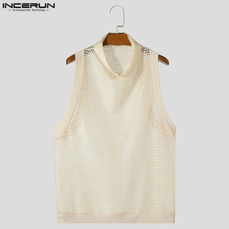 INCERUN Men Tank Tops Mesh Transparent Hollow Out Turtleneck Sleeveless Male Vests Summer Streetwear 2024 Fashion Men Clothing