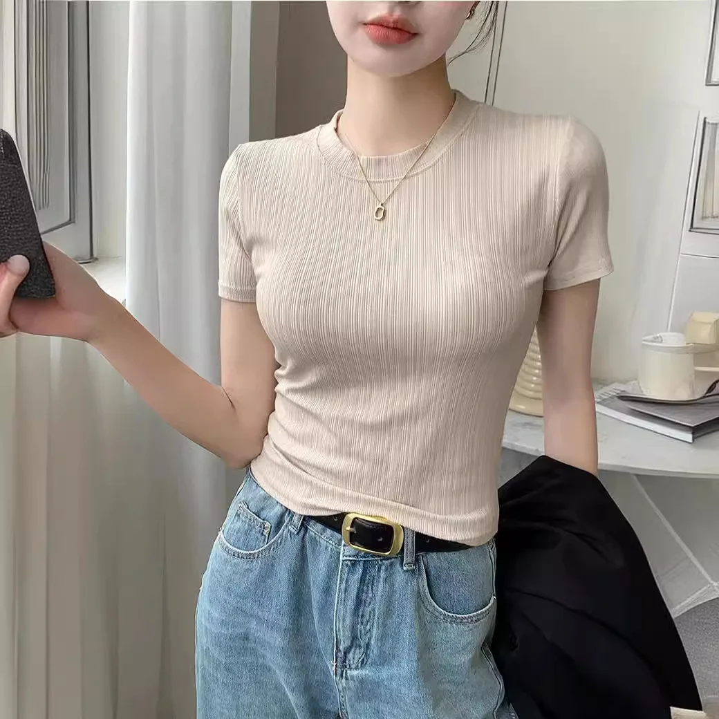 Summer Womens Y2k Harajuku T-shirt Casual Short Sleeve Tops Korean Fashion Knitted Clothes for Women White Black T-shirts 2024