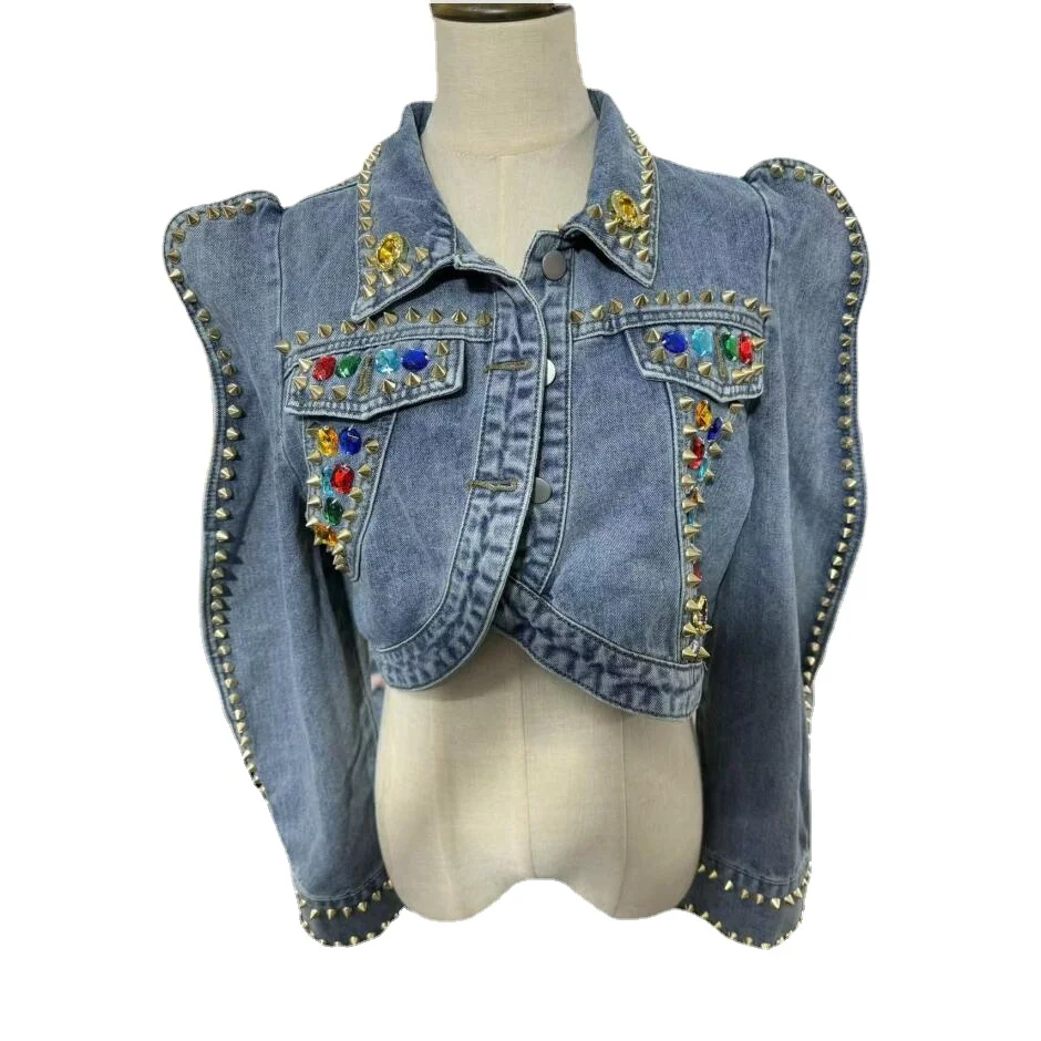 

Vintage Blue Irregular Hem Slim Short Denim Jacket Women Spring Autumn Streetwear Lapel Long Sleeve Diamonds Rivet Jeans Coat