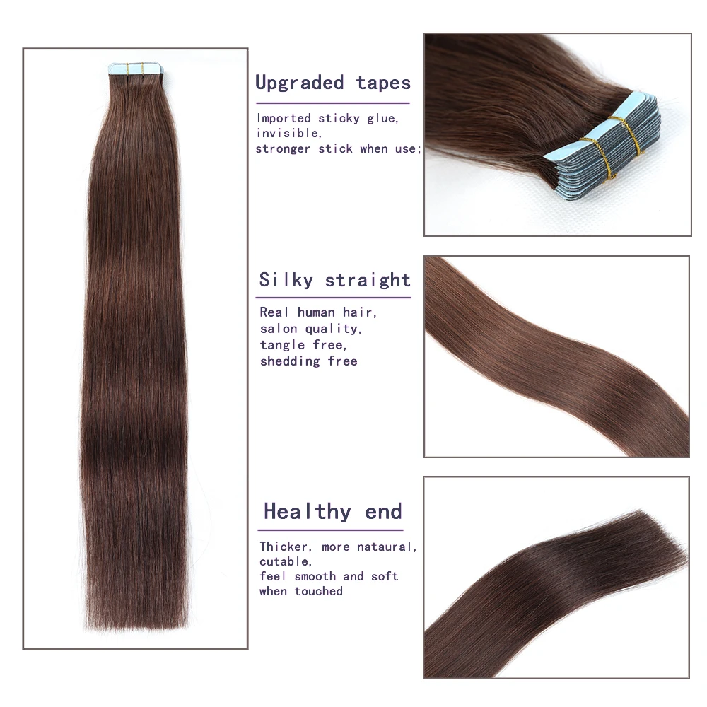 Tape in Hair Extensions 100% Remy Real Human Hair 24 Inch 20pcs 50g/pack Chocolate Brown Straight Seamless Skin Weft Women Hair