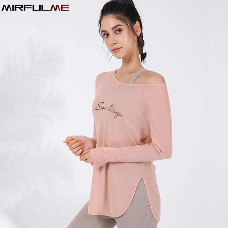 Women Loose Yoga Shirts Long Sleeves Sport T-Shirt Mesh Breathable Running Sweatshirts Curved Hem Gym Fitness Tops Blouse Female