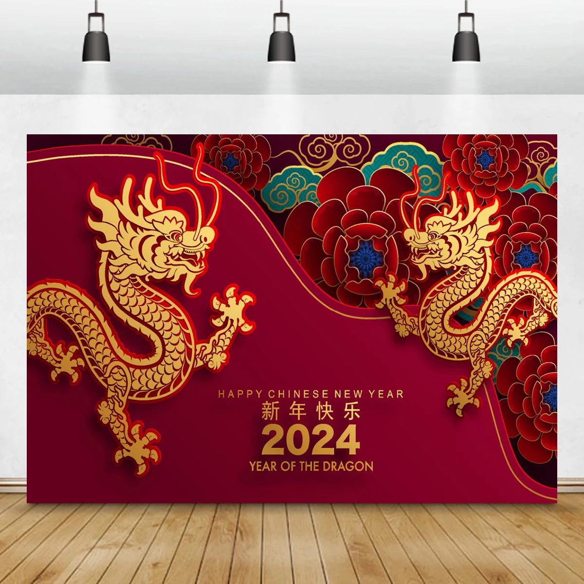 Year of The Dragon Spring Festival Photo Prop 2024 Happy Chinese New Year Backdrop Red Lantern Peony Flower Chinese Lunar Banner