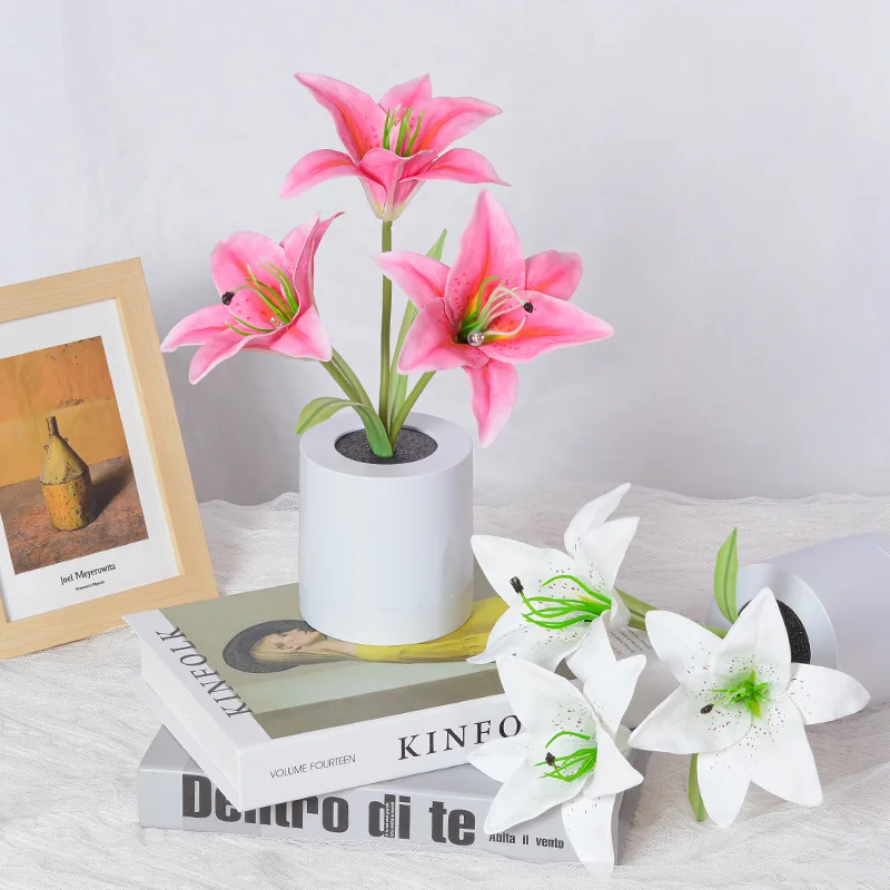 LED Lily Night Light Simulation Flower Table Lamp Home Decoration Atmosphere Lamp Romantic Potted Gift for Office/Room/Bar/Cafe