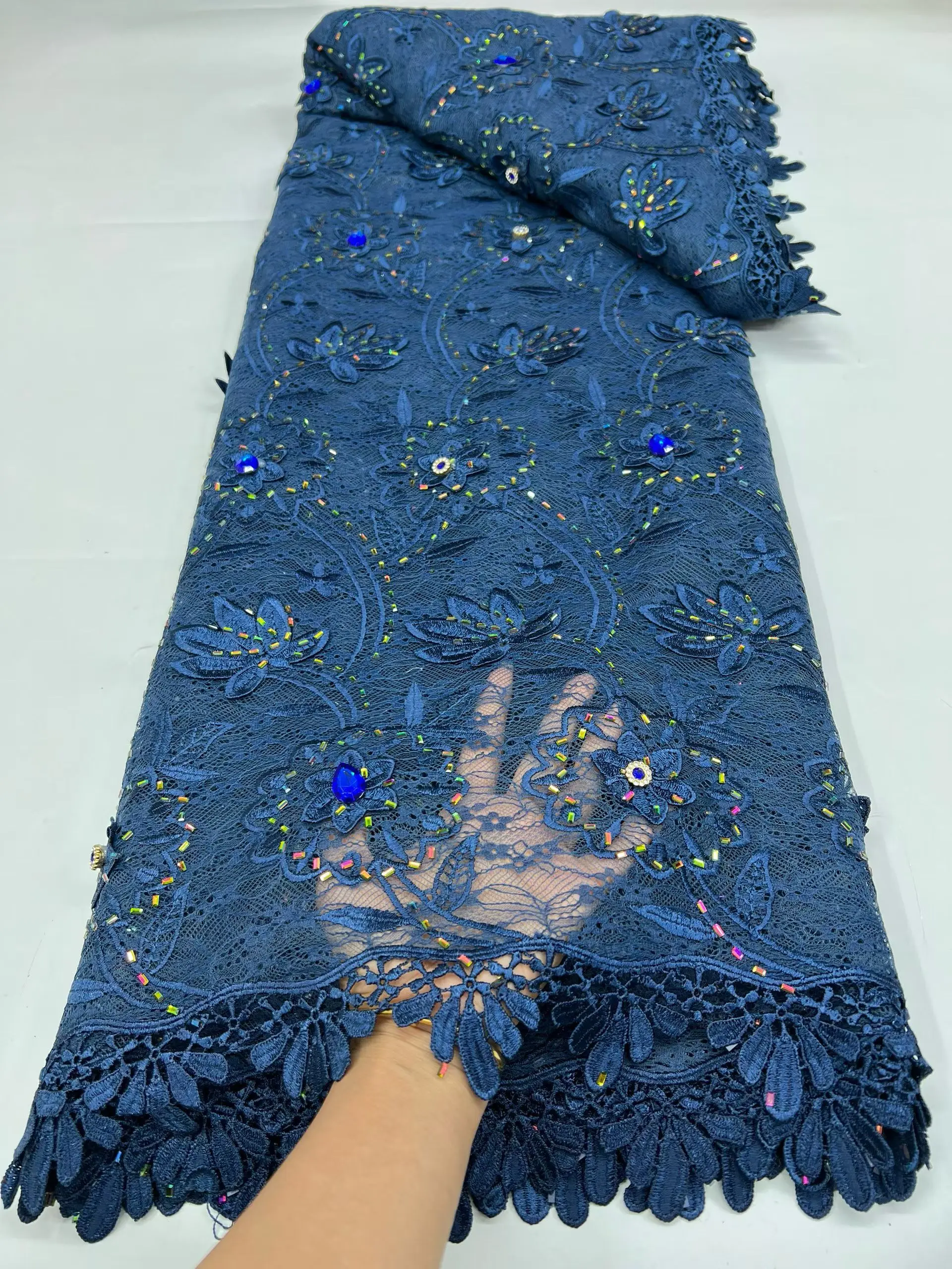 

New Arrival Navy Blue French Lace Fabric 2026 High Quality Stones African Nigerian Guipure Cord Lace Fabric For Party LR26110