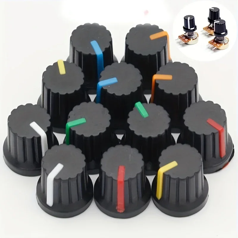 

30pcs/lot WH148 Potentiometer knobs 15X17mm 6mm Potentiometer Plastic Knobs Cap 6 colors Yellow Orange Blue White RedBlack