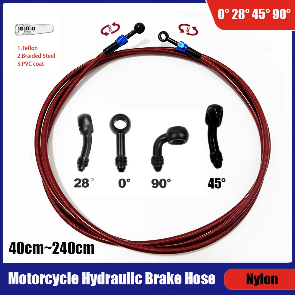 

M10 Stainless Steel Braided Motorcycle Red Brake Hose Line Oil Pipe Clutch Tube with 360 Degree Rotatable Banjo 0° 28° 45° 90°