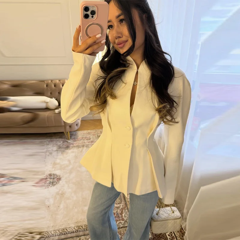 

Элегантная женская куртка с плиссировкой на талии, шикарное пальто с V-образным вырезом на одной пуговице и шнуровкой, повседневная приталенная верхняя одежда для женщин 2026 года