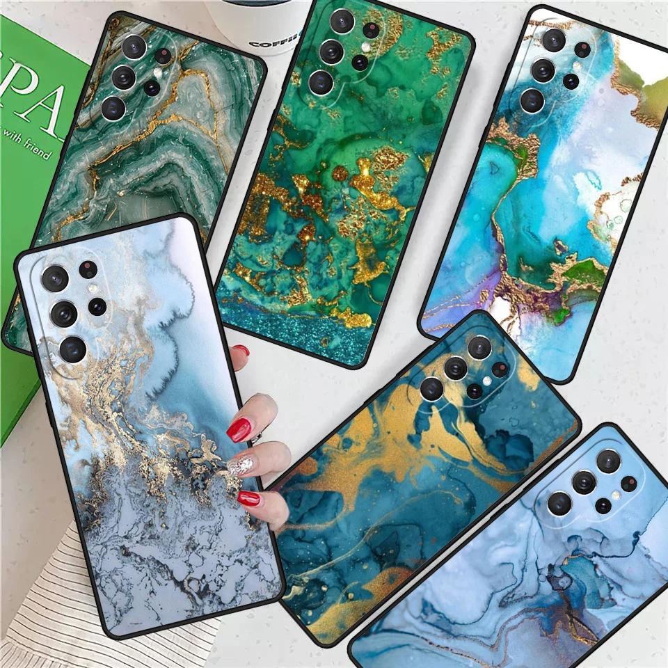 Gold Indigo Faux Malachite For Samsung Galaxy S24 Ultra S21 S22 S8 S9 S10E Note 10 20 Plus FE S23 Phone case Cover Coque