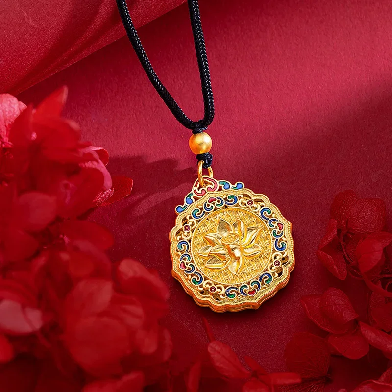 

9999 Real Gold 24K Ancient Flower Silk Lotus Enamel Color Pendant National Style Gold Burning Blue Xiangyun Lotus Pendant