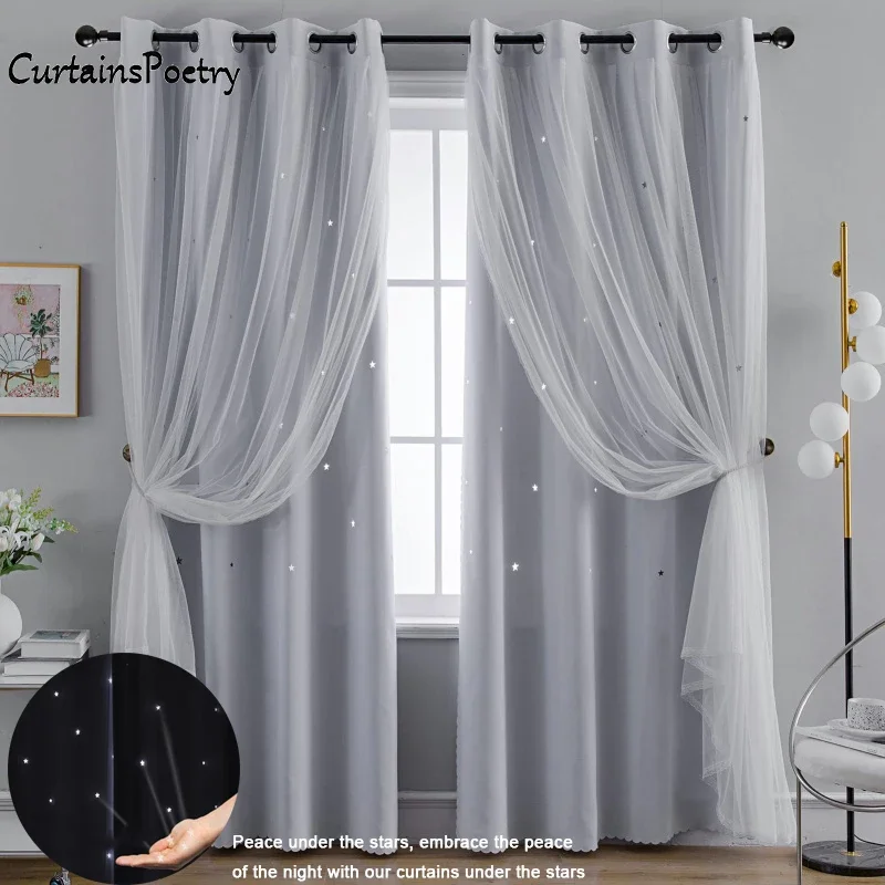 Romantic Star Blackout Curtains Double Layer Shading Window Curtain Panel Princess Girls Kids Living Room for Bedroom Home Decor