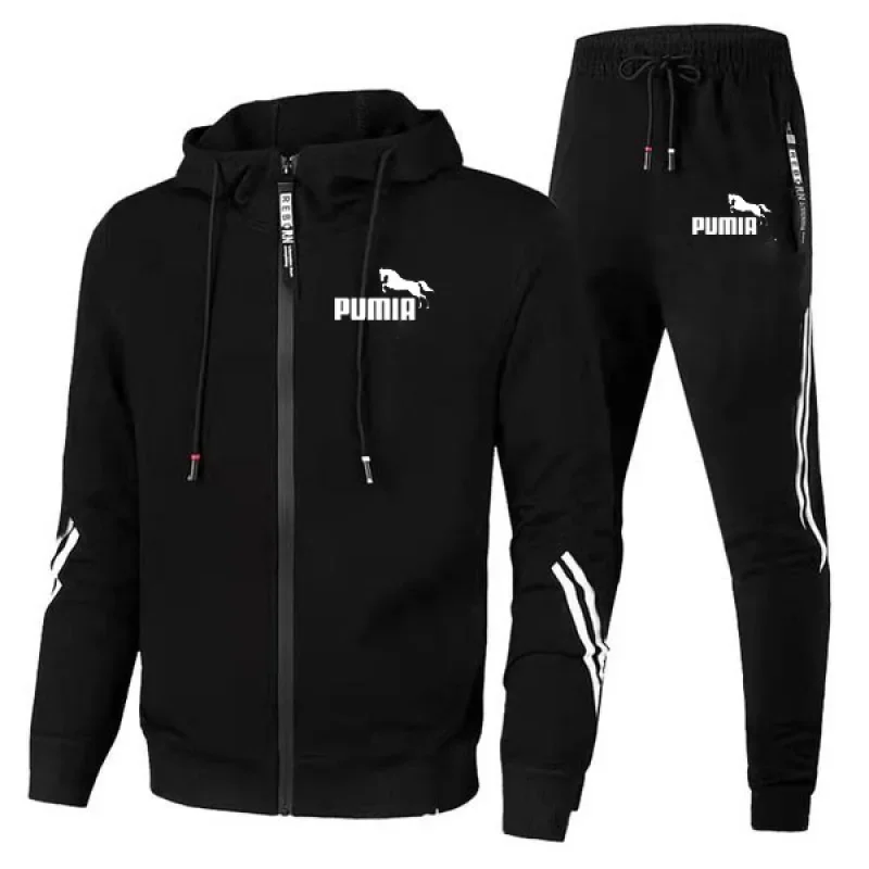 Chándal de 2 piezas para hombre, chaqueta con capucha y pantalones de chándal, ropa deportiva informal con estampado, traje para correr, Otoño e