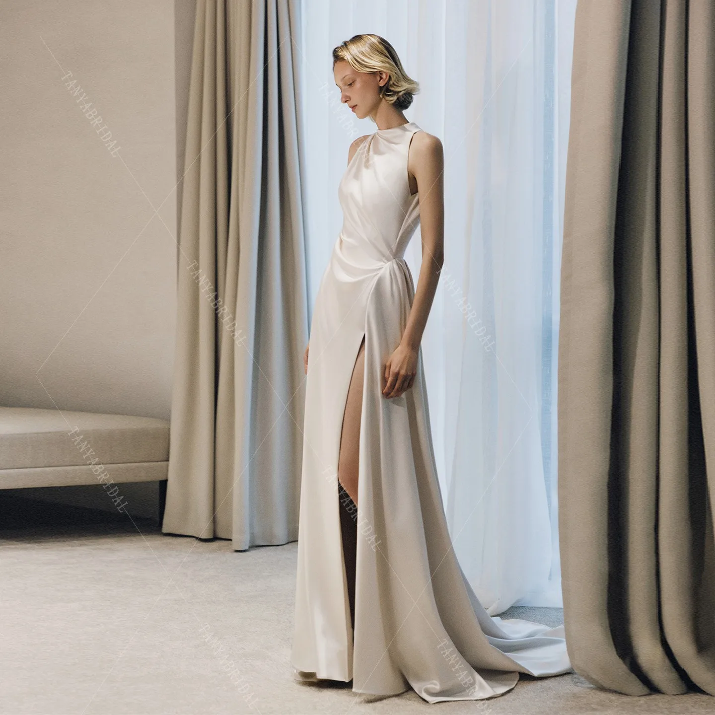 لينة الساتان س العنق فستان زفاف بلا أكمام عارية الذراعين فستان زفاف مثير عالية الجانب سبليت ألف خط فستان حفلات الزفاف TSWD861