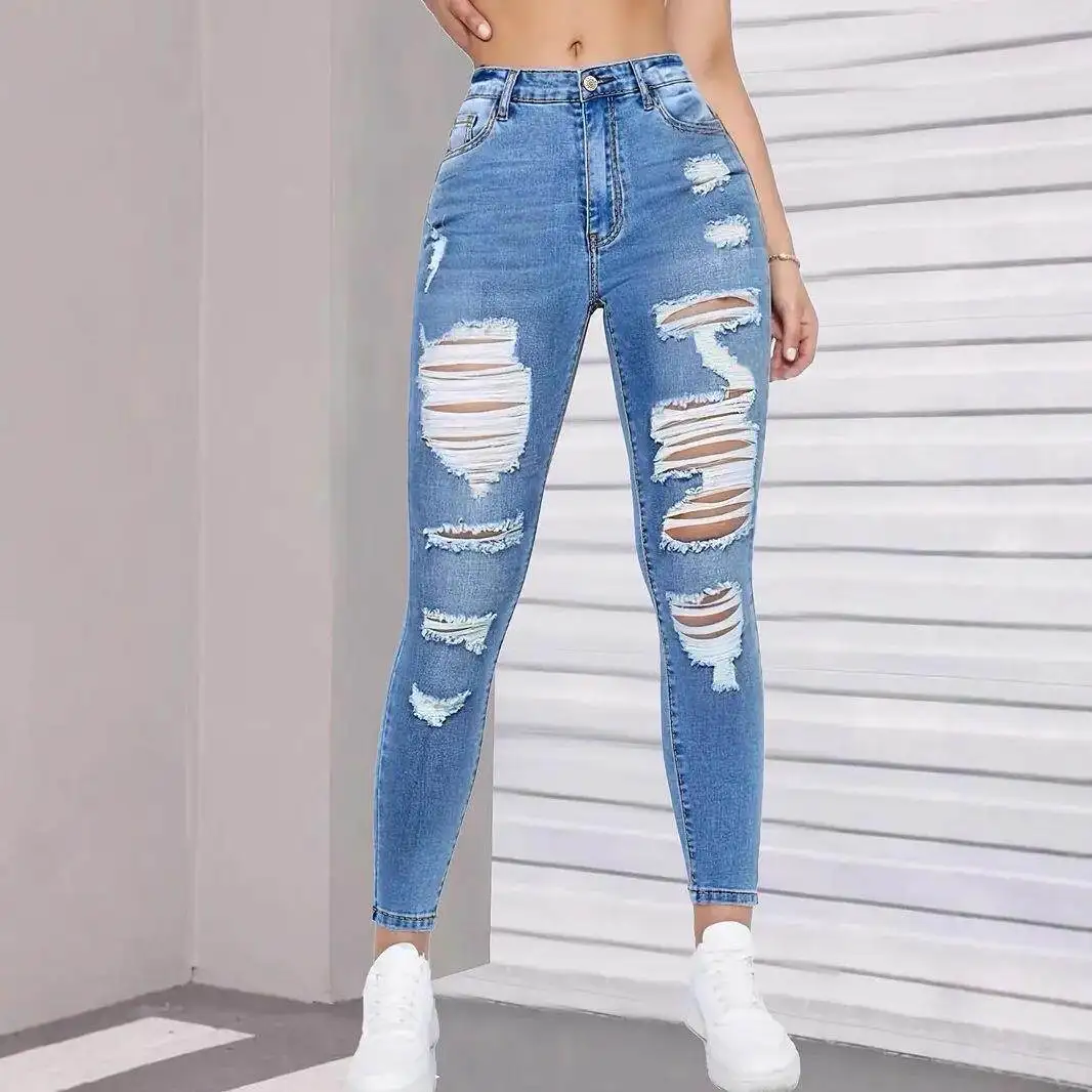 

Fashion High Waist Ripped Elastic Slim Fit Jeans Women's Long Pants Versatile Stylish Hole Design Autumn Season Seven Sleeve
