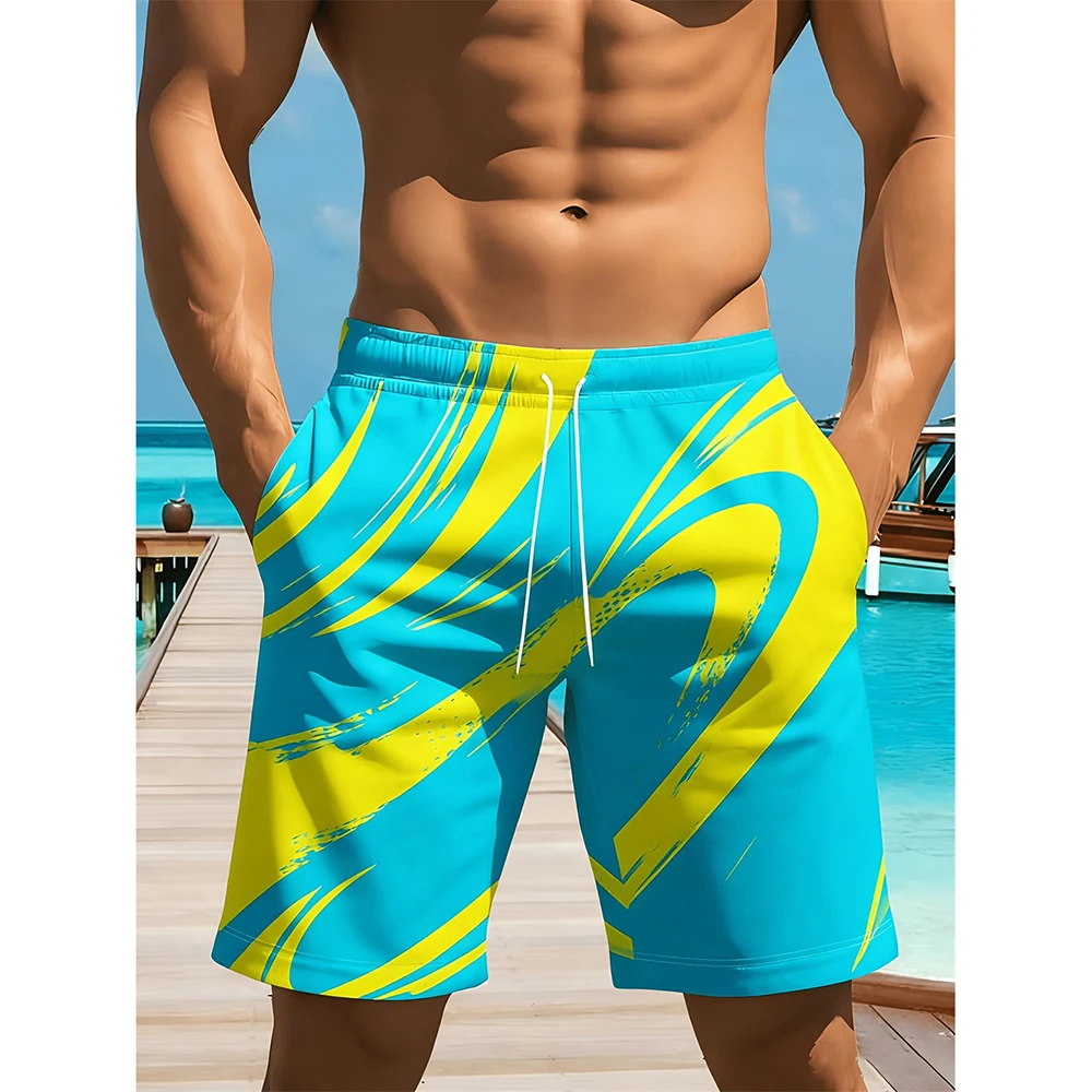 Outdoor Surf-style Beach Shorts For Men Loose Drawstring 3D Print Wave Stripe Swim Trunks Summer Quick Dry Breathable Men Shorts