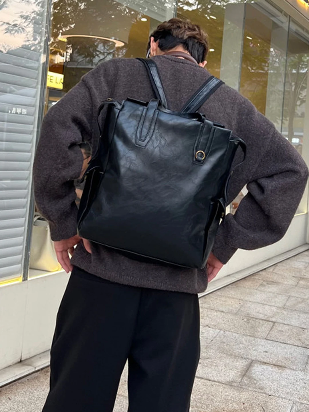 NIN Retro Commuter Backpack Unisex Student Computer Bag Street Harajuku Style Dual Shoulder Straps Vertical Square Shape PU