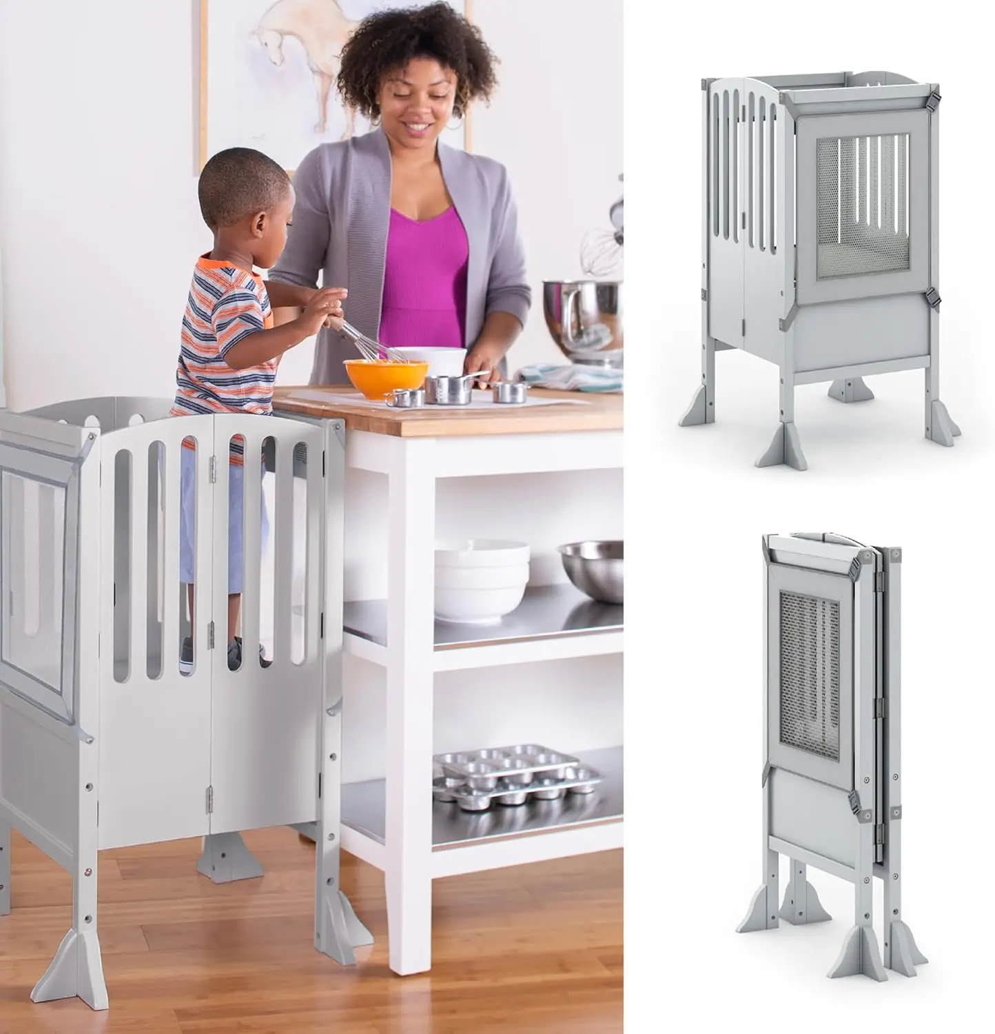 Contemporary Kitchen Helper® Stool and 2 Keepers - Gray: Folding, Adjustable Height, Wooden Cooking Step Stool for Toddlers | Li