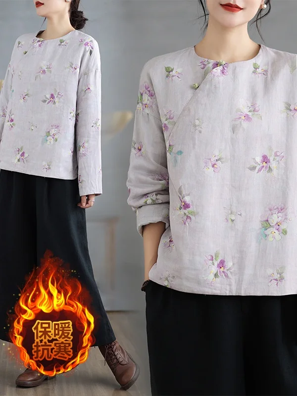 

Женский хлопковый топ с принтом Jaet, круглый дизайн на пуговицах, повседневный свободный крой, зимний теплый топ больших размеров, модная внутренняя одежда