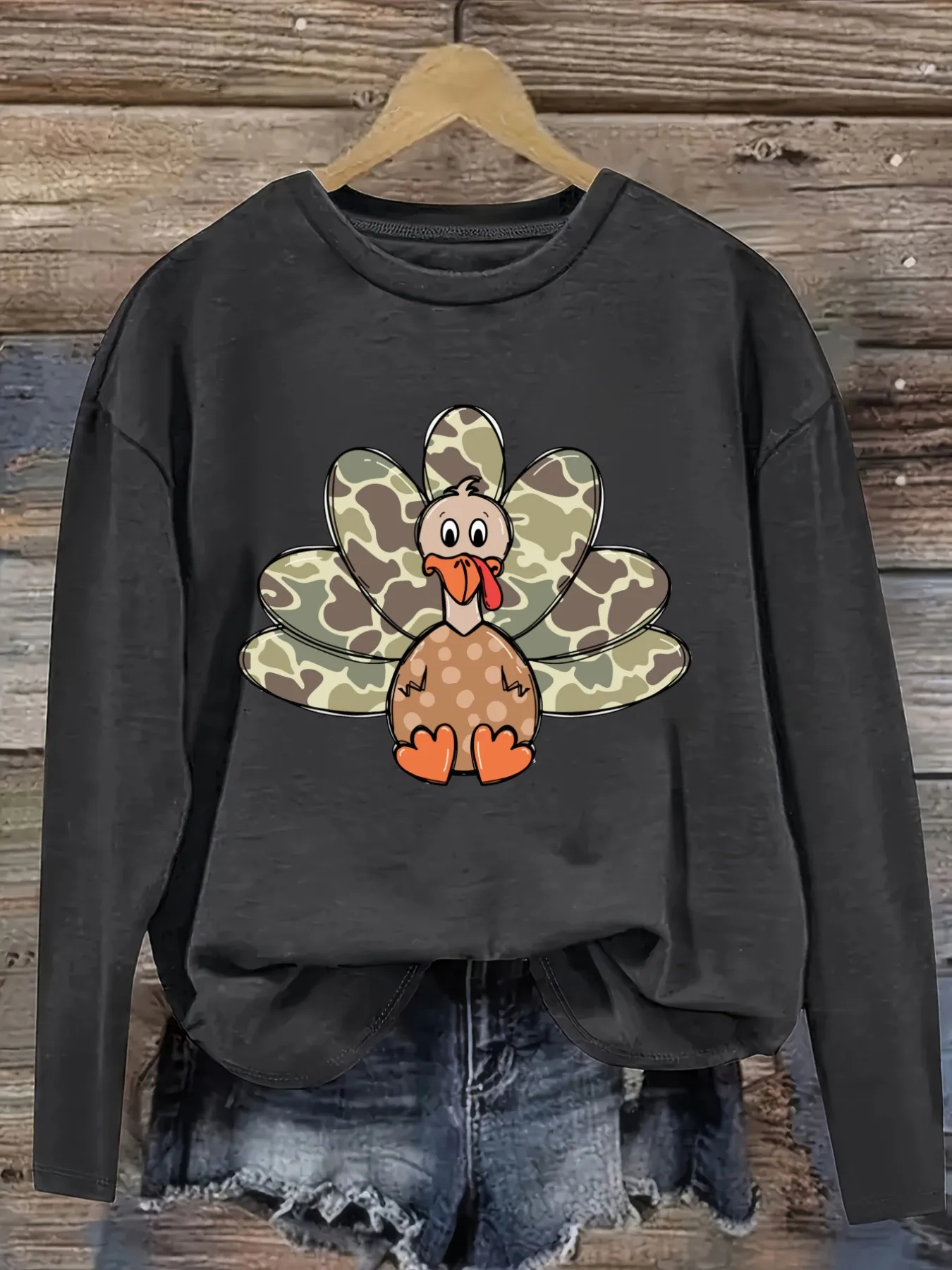 Women's Casual Long Sleeve Crew Neck T-Shirt Camouflage Turkey Graphic Print Design Design, Round Neck Women's Clothing, Machine Washable, Slightly Elastic, Loose Fit, Spring Autumn Winter Women's T-Shirt, Halloween Costume Outfit