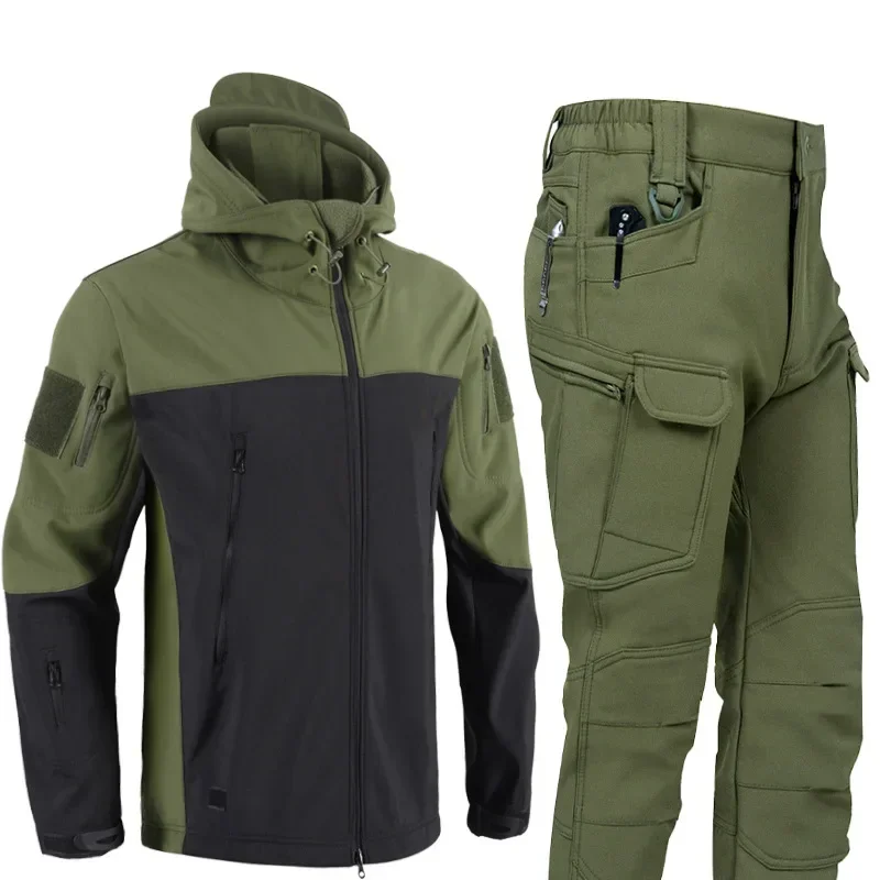 Hunting Set Hjumping Men's Winter Hunting Clothes,Velvet Shark Skin Soft Shell Jacket Set Tatico Militar Tactical Camo Jacket