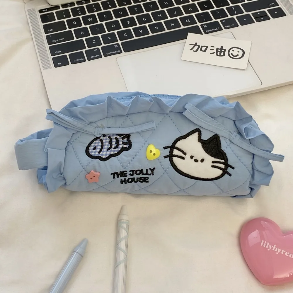 

High Quality Dumpling Shape Pen Bag Lace Design Zipper Stationery Bag Large Capacity Handheld Pencil Case School Office