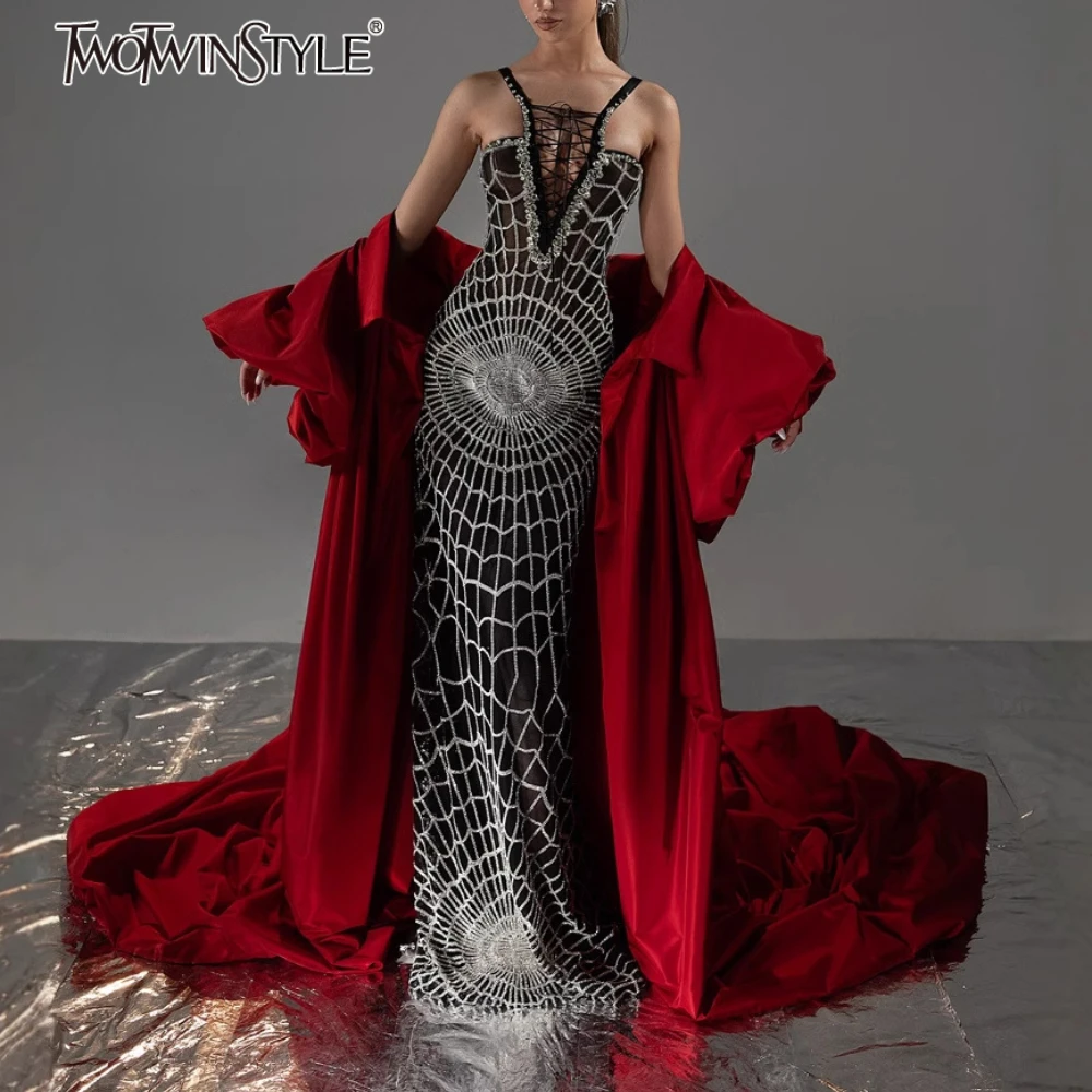 

TWOTWINSTYLE Colorblock Slimming Spliced Diamonds Dresses for Women V Neck Sleeveless Patchwork Lace Up Dress Female Clothing