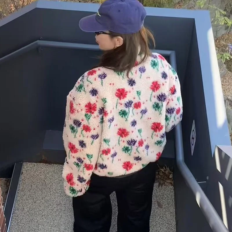 معطف نسائي شتوي أنيق من القطن Jaet فضفاض حلو مزين بالزهور من فرو الضأن وسحاب دافئ بياقة واقفة معطف طويل Sve بطول منتظم