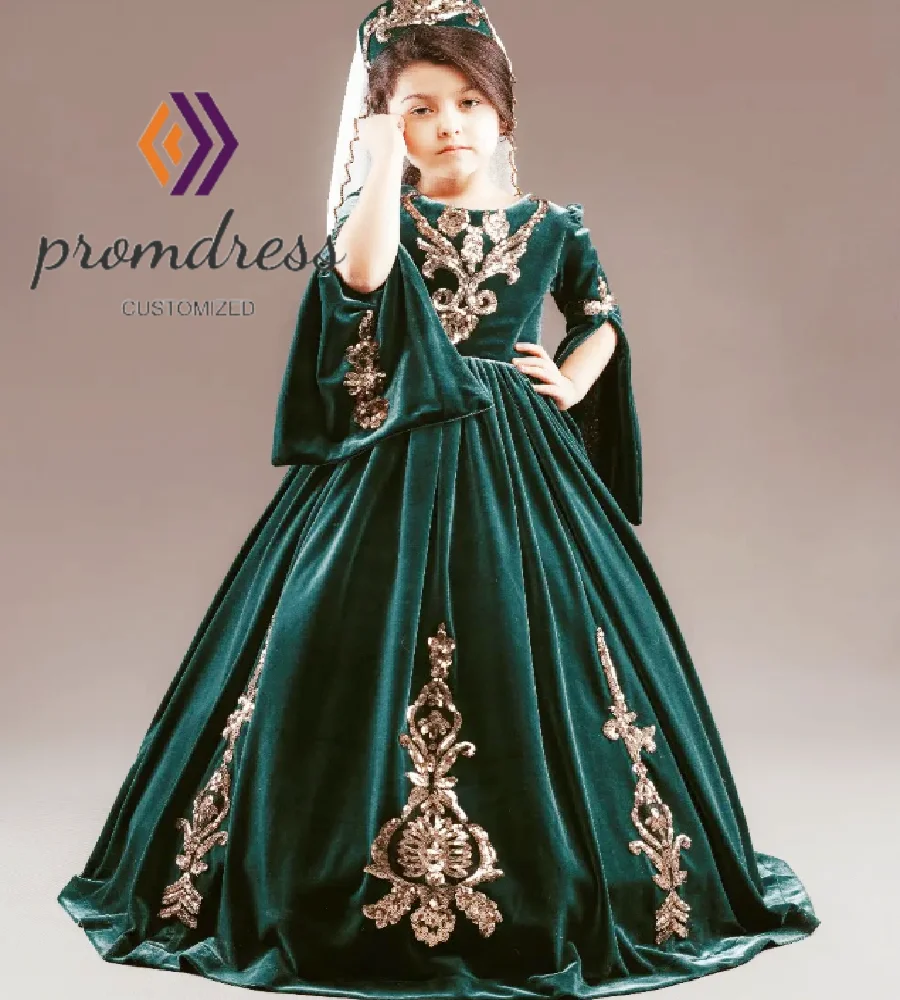 فستان بناتي على شكل زهرة مغربية خضراء عتيقة مع قفطان دانتيل ذهبي بأكمام طويلة مخملي دبي فستان حفلات أعياد الميلاد مخصص
