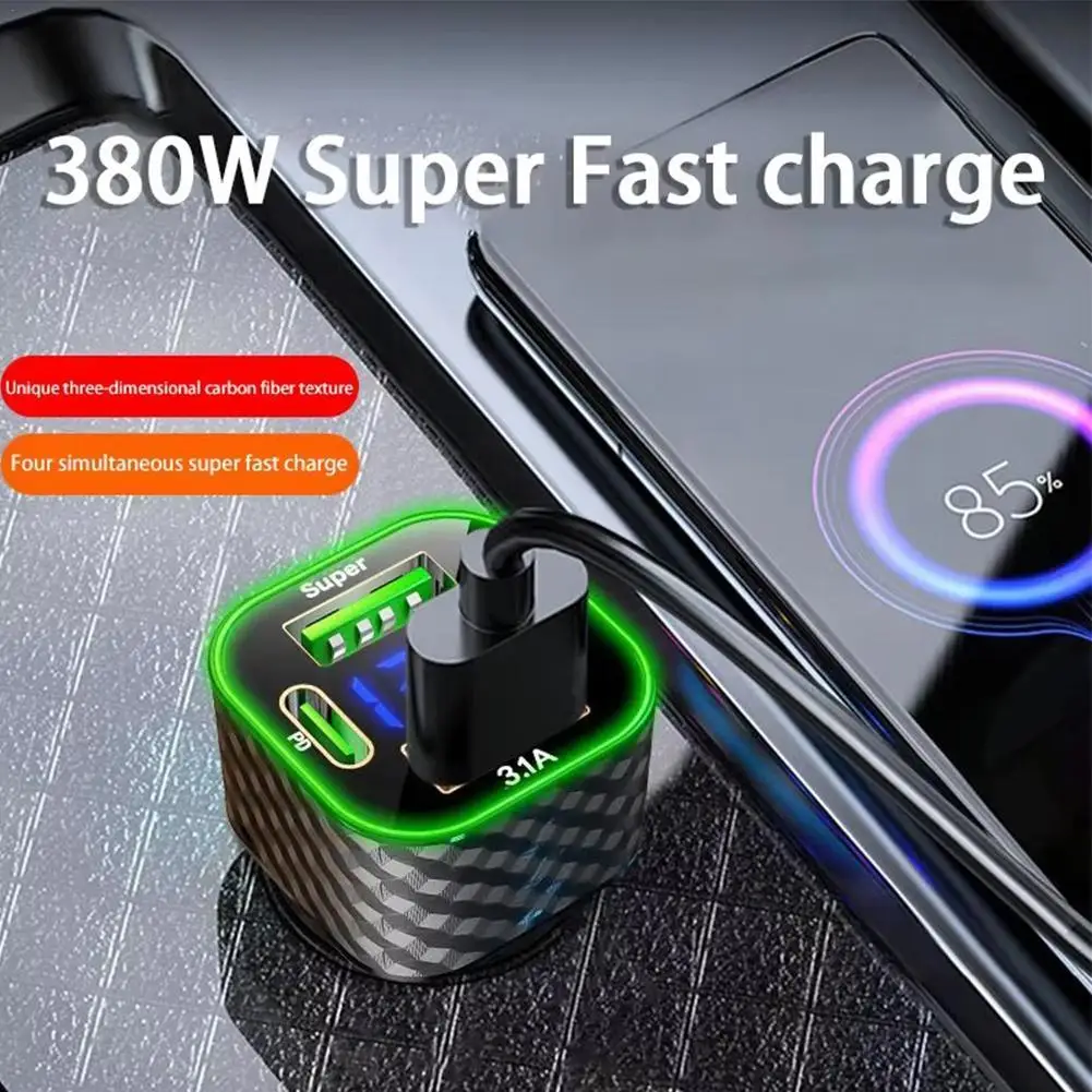 

380W Car Super Charger Adapter PD USB Dual Charger With Voltage Display Super Fast Charge Adapter For All Phone