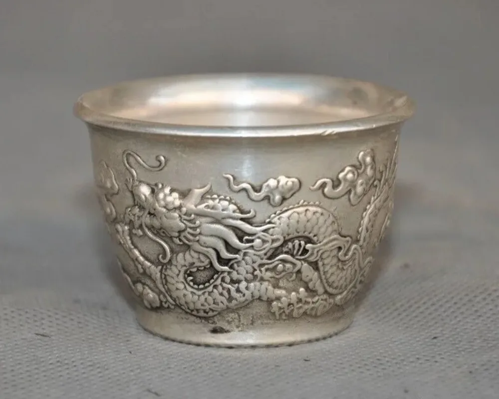 

Collect China Tibetan Silver Dragons DragonLoong Statue Tea Bowl Wineglass Cup