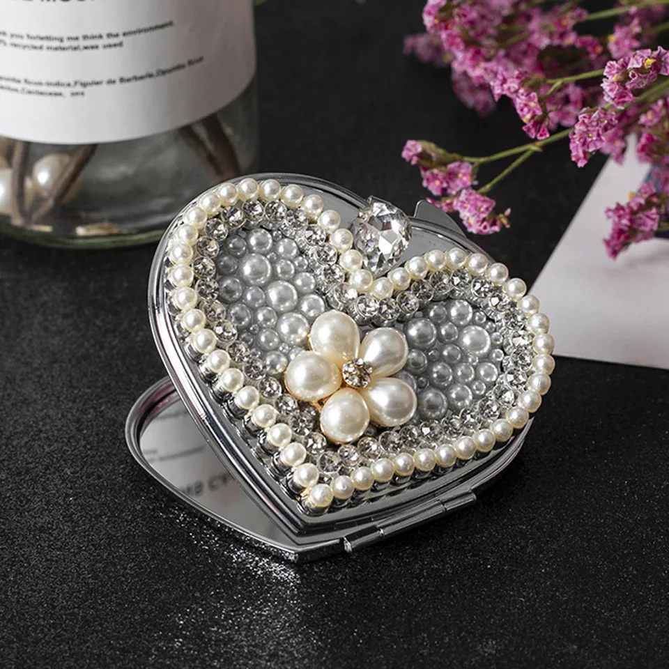 Love Metal Small Pocket Mirror Pearl Flower Princess Double-sided Folding Portable Makeup Mirror Petit Miroir De Poche