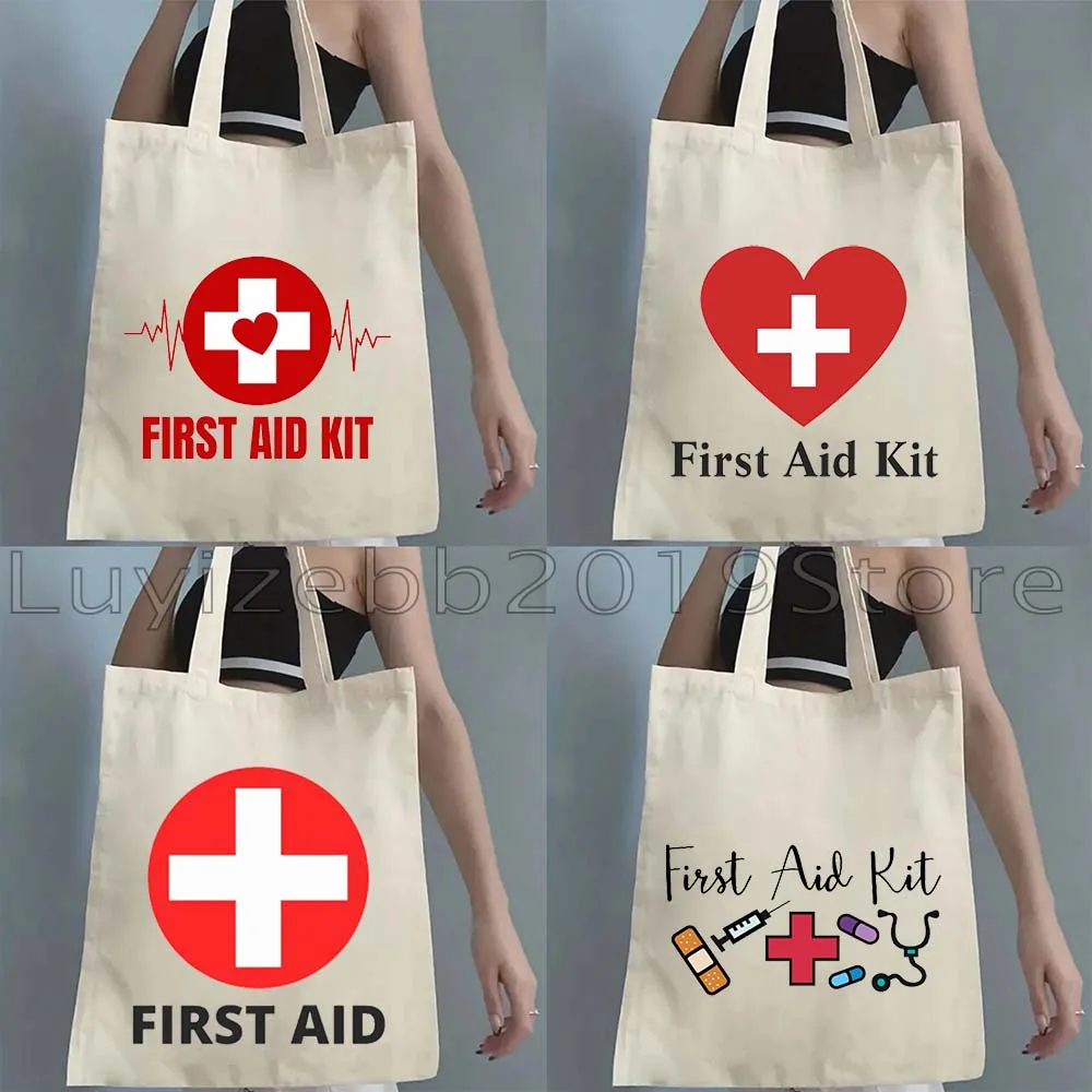 Funny Cute Nurse Doctor Medical Emergency Red Cross Empty First Aid Kit Canvas Tote Bag Shoulder Harajuku Shopper Casual Handbag