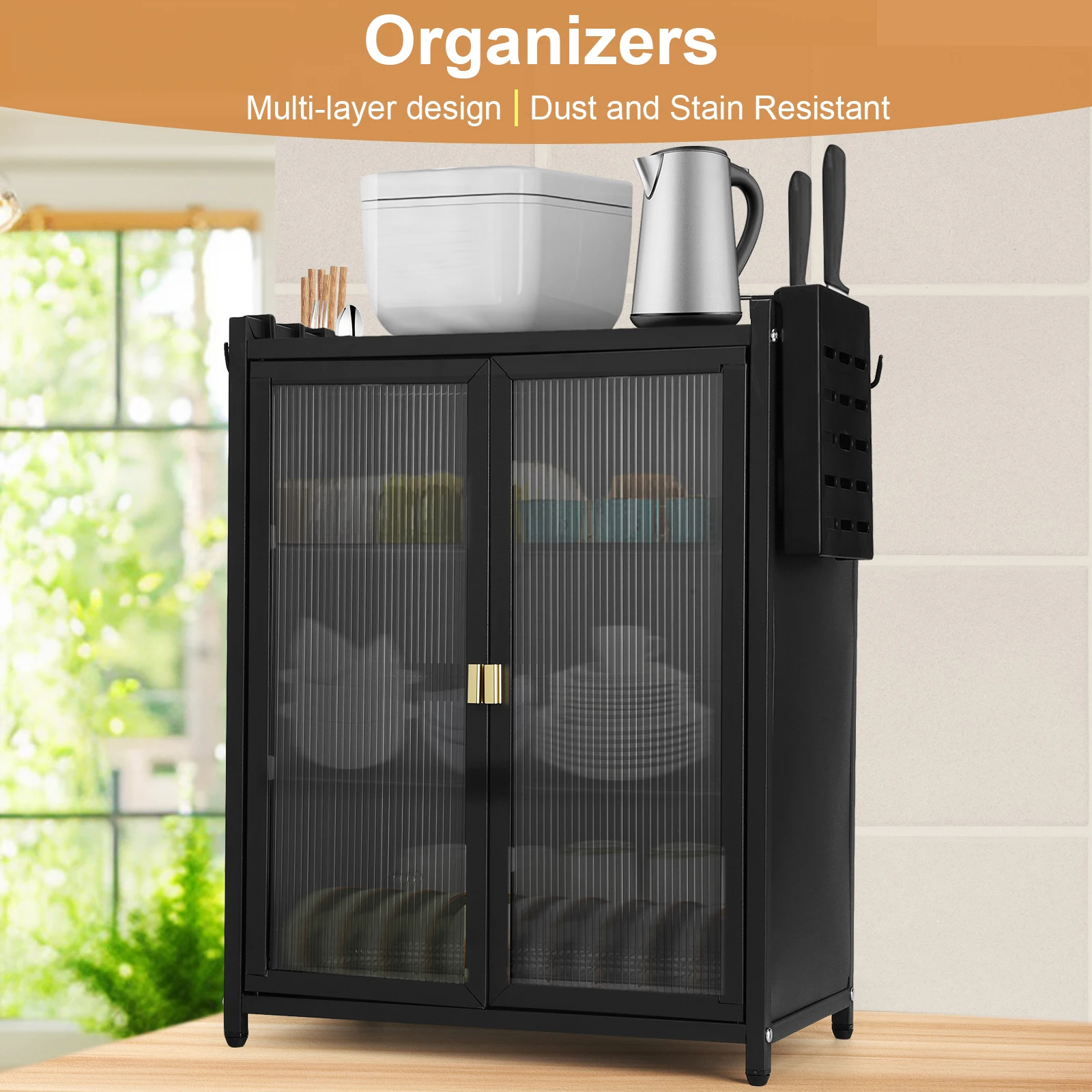 

3-Tier Kitchen Storage Cabinet with Double Door Drainer Cabinet with Chopstick Baskets Kitchen Organizer