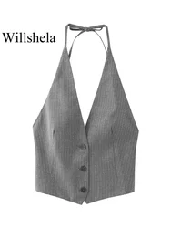 Willshela Women Fashion Striped Sleeveless Jackets Waistcoats Vintage V-Neck Backless Lace Up Vest Female Chic Lady Tank Tops